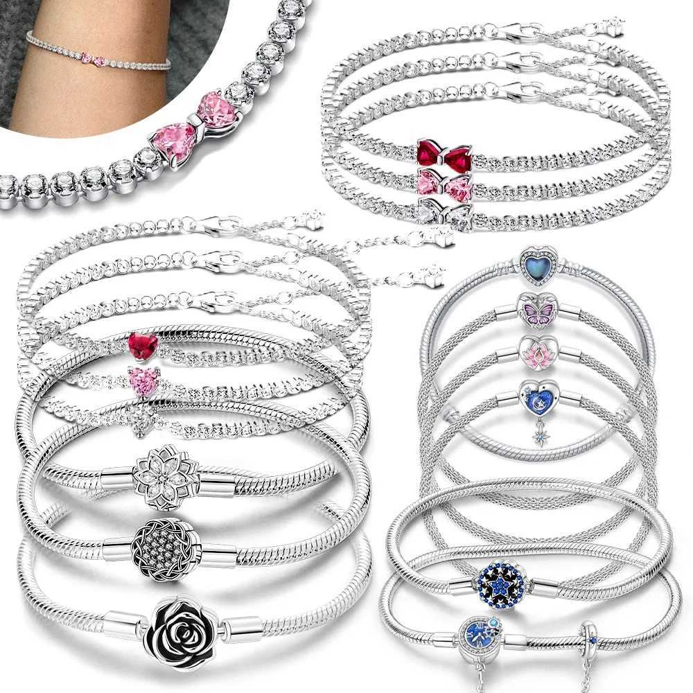 2024 New 925 Silver Pink Bow Full Diamond Bracelet Original 17-20CM Fit DIY Charm Women Birthday Jewelry Valentines Day GiftsT251110