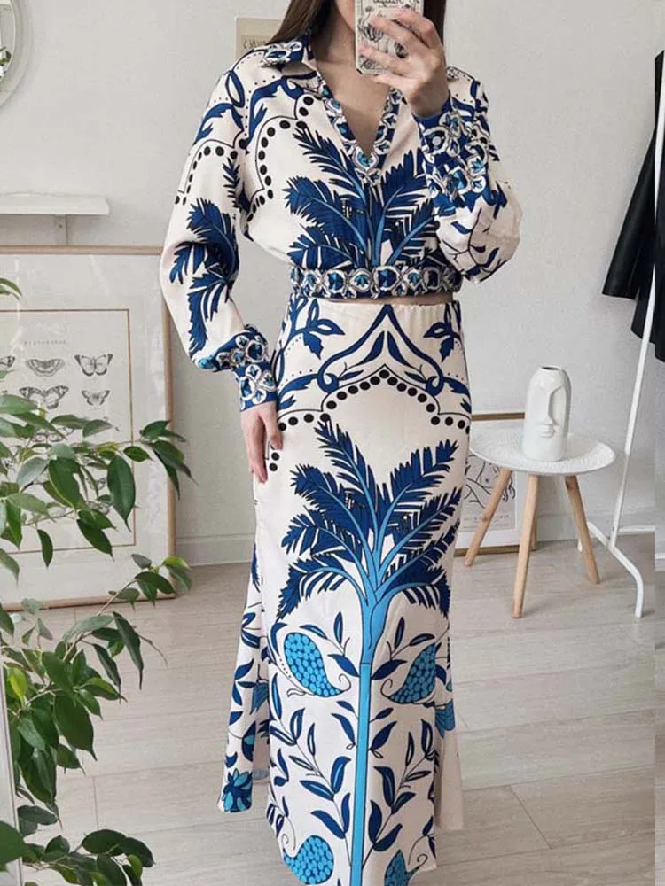 Womens Fashion Printed Midi Ski Set 2piece Long Sleeve Top Retro Casual 250410