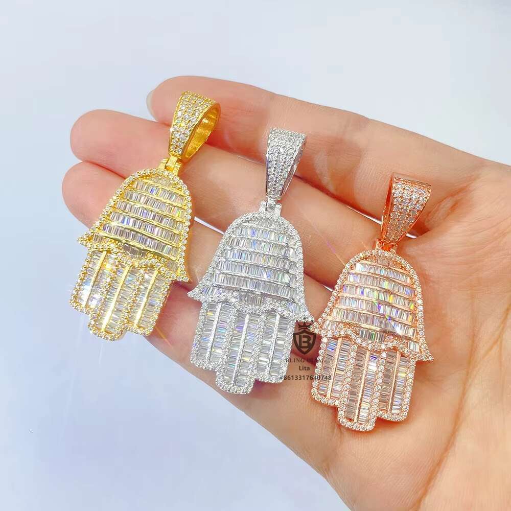 Hot Sale Bling Iced Out Hamsa Hand Pendant Sterling Silver Moissanite 925 Silver Pendant