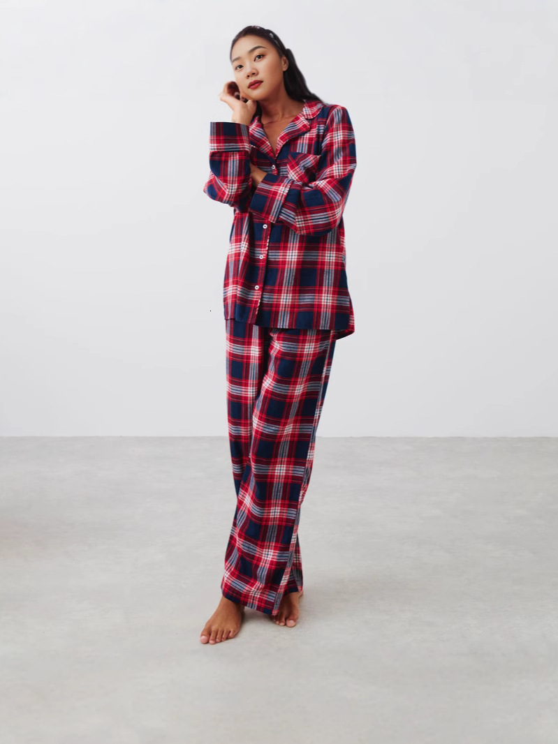 Womens 2-piece solid color/checkered pajama set with feather long sleeved lapel button top and sleepwear 241203