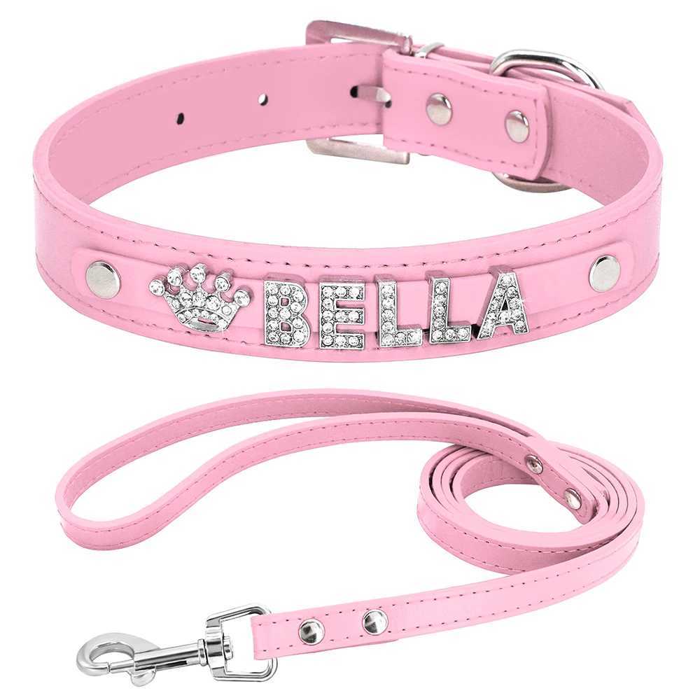 Custom PU Leather Dog Collar Leash Set Personalized DIY Name Charms Collars Bling Rhinestone Pet Necklace For Small Medium Dogs J251110