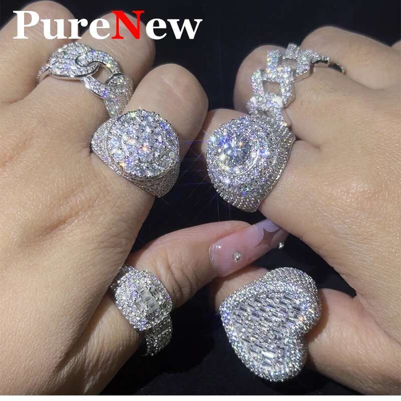 Unisex Full Moissanite Finger Rings Hip Pop Moissanite Diamond Rings For Men and Women 925 Sterling Silver Jewelry D Color VVS1