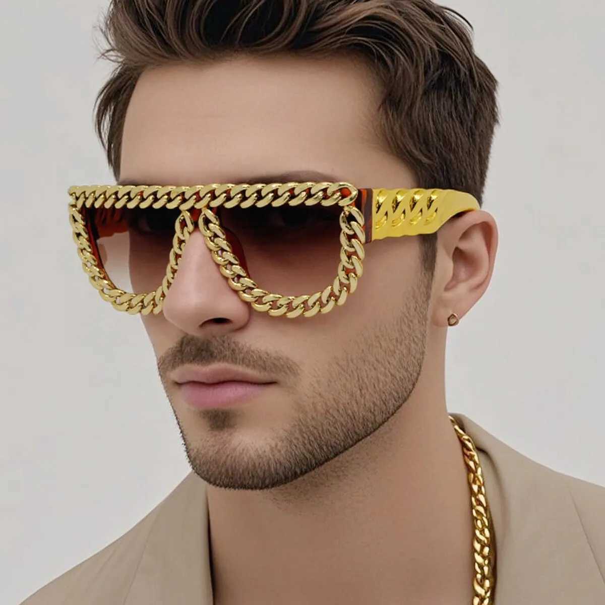 Gold Chain Oversized Square Sunglasses for Men Retro Exaggerated Fashion Designer Punk Sun Glasses for Beach Outdoor Party ShadeW251108