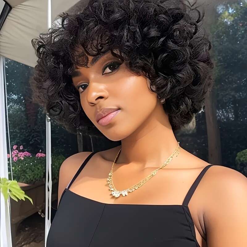 Women's Short Bob Afro Pixie Cut Bangs - 100% Human Hair 200% Density Bouncy Curls, Glueless No Lace Front Wig With Natural Base Light Brown High
