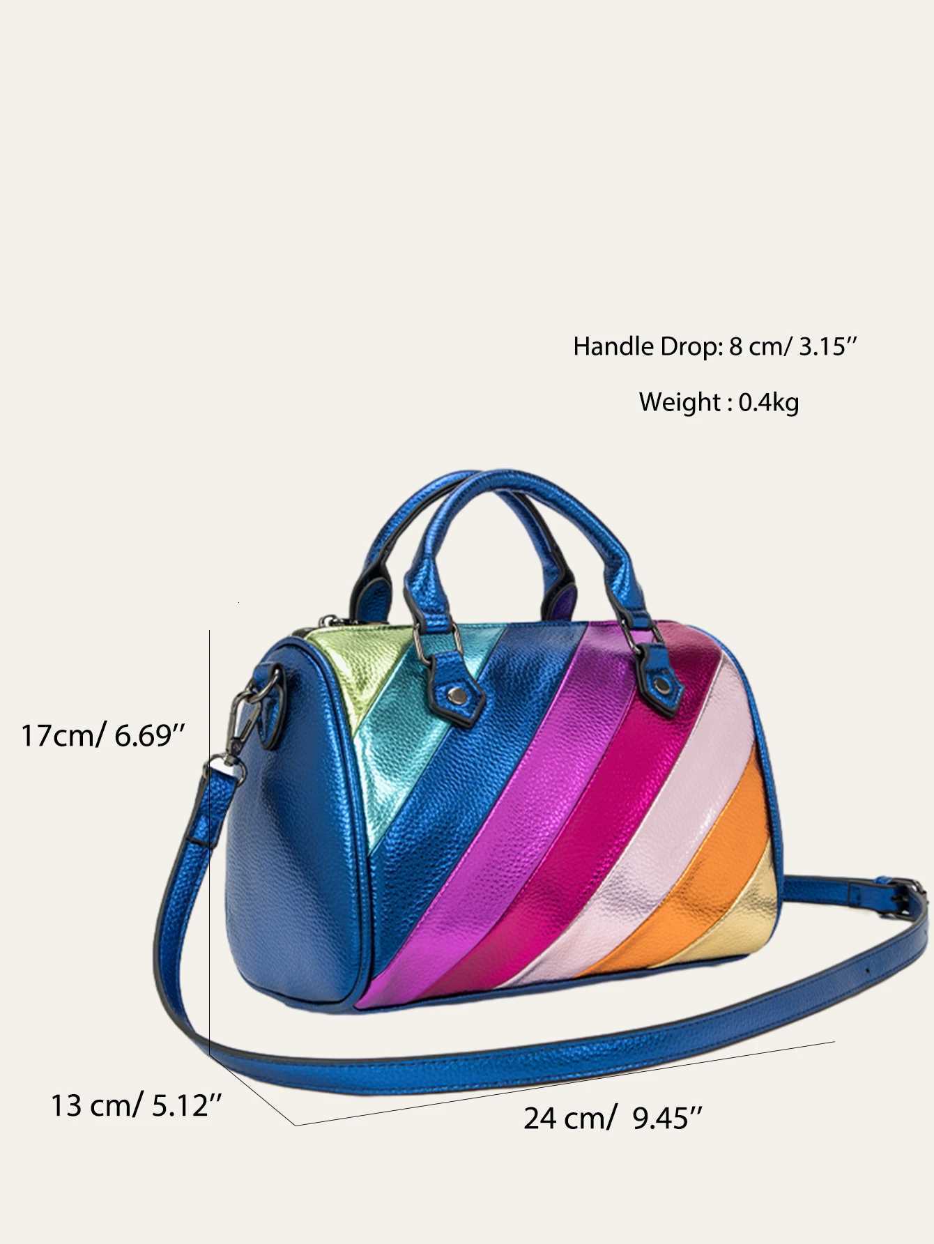CEZIRA Luxury Metallic PU Vegan Leather Boston Bag Women Fashion Colorful Stripes Patchwork Top-handle Purse Crossbody Handbags K251110