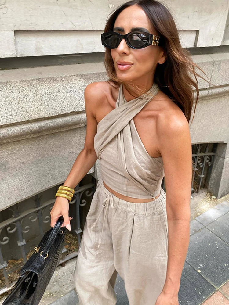 Soft Women Linen Pants Set Summer Fashion Ladies Elegant Loose Boho Two Piece Set Streetwear Female Chic Outfits Sexy 250408
