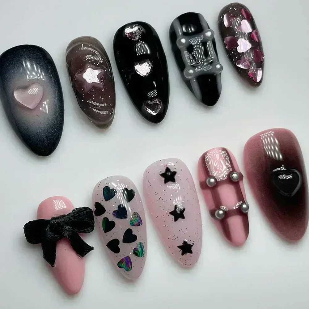 24 pieces of black almond press with nail bows fake nails wearable sticks and fake nails W250410