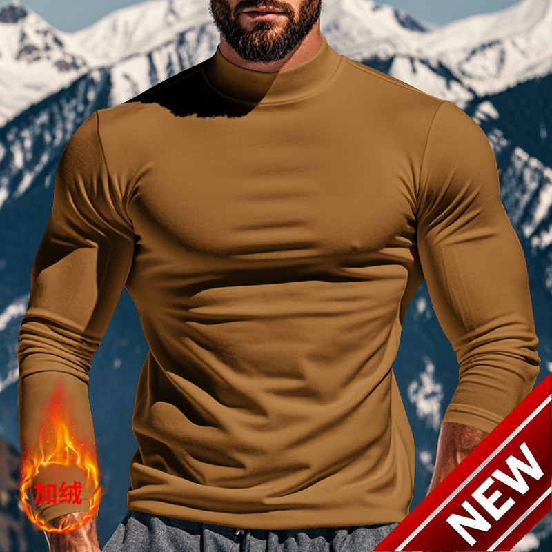 2025 Autumn New Long Sleeve T-shirt Knitted Bottom Shirt Slimming Solid Color Versatile Half High Neck Mens Top