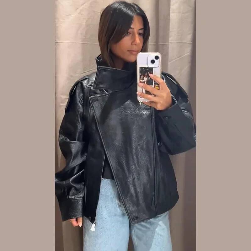 Stand Collar Short Leather Jacket Women Zipper Solid Single Breasted Full Sleeve Lapel Belt Coat 2025 Autumn Lady Chic Outwears dongdumaoyi