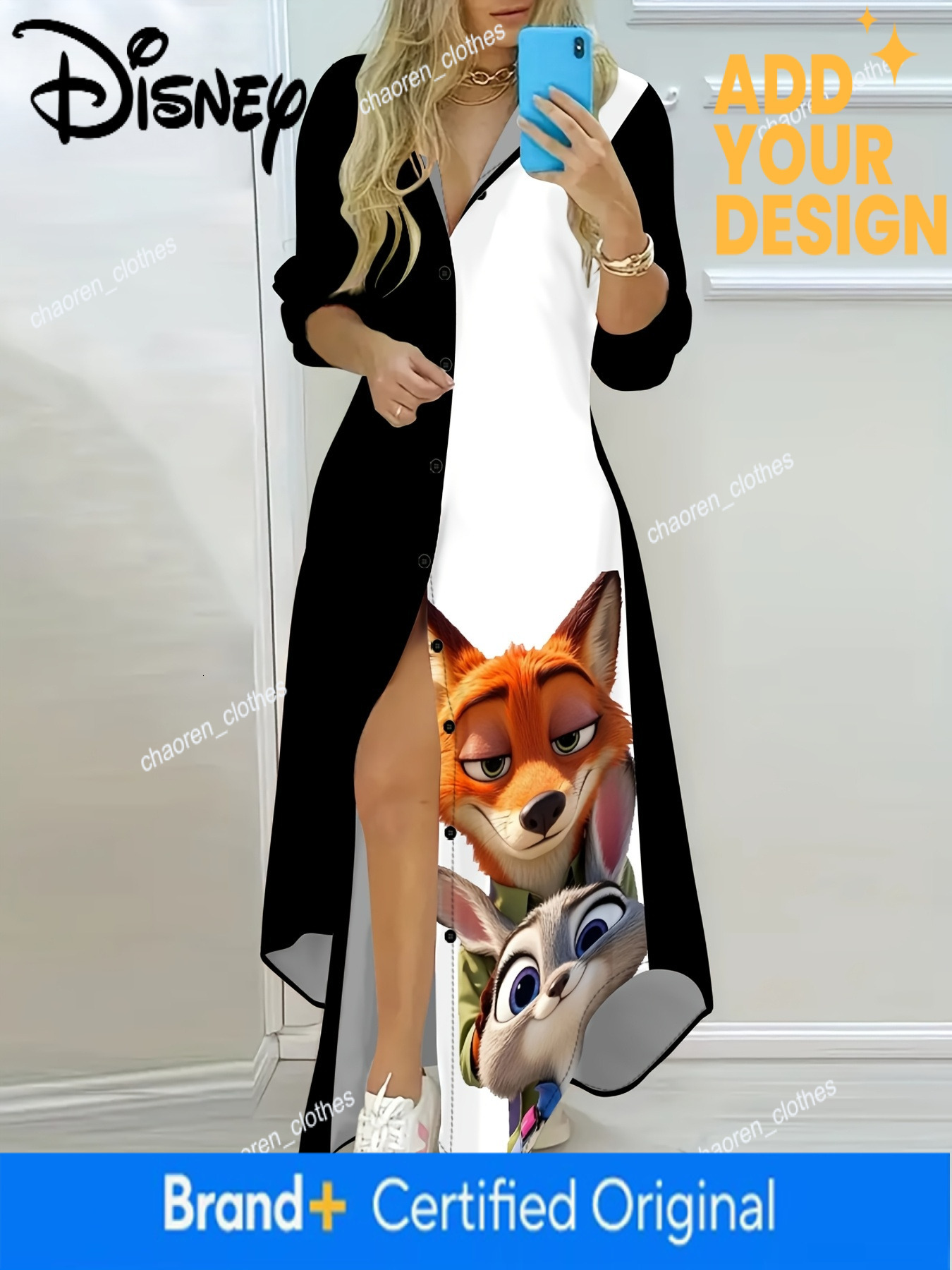 Disney Women's Long Sleeve Shirt Dress - Zootopia Cartoon Print Judy Hopps Nick Wilde Black White Contrast Color Collar Button Front, Machine Was