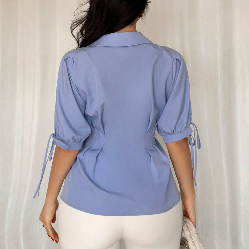 Cross-Border INS Foreign Trade European and American Solid Color Half Sleeve Drawstring 2025 Independent Station Elegant Waist-Cinching Cardigan Shirt