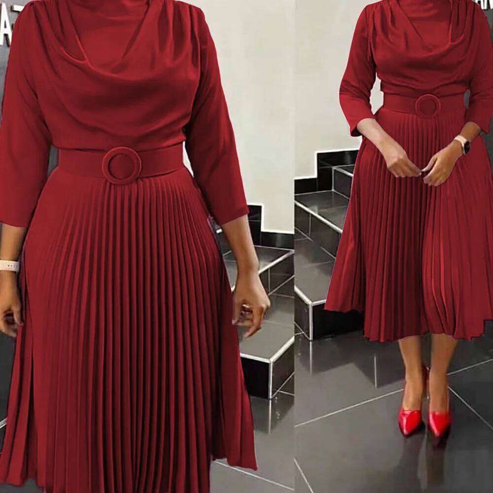 Elegant Office Pleated For Women Professional Round Neck Full Sleeve Belt Waisted Mid Calf Formal Business Work Dress New