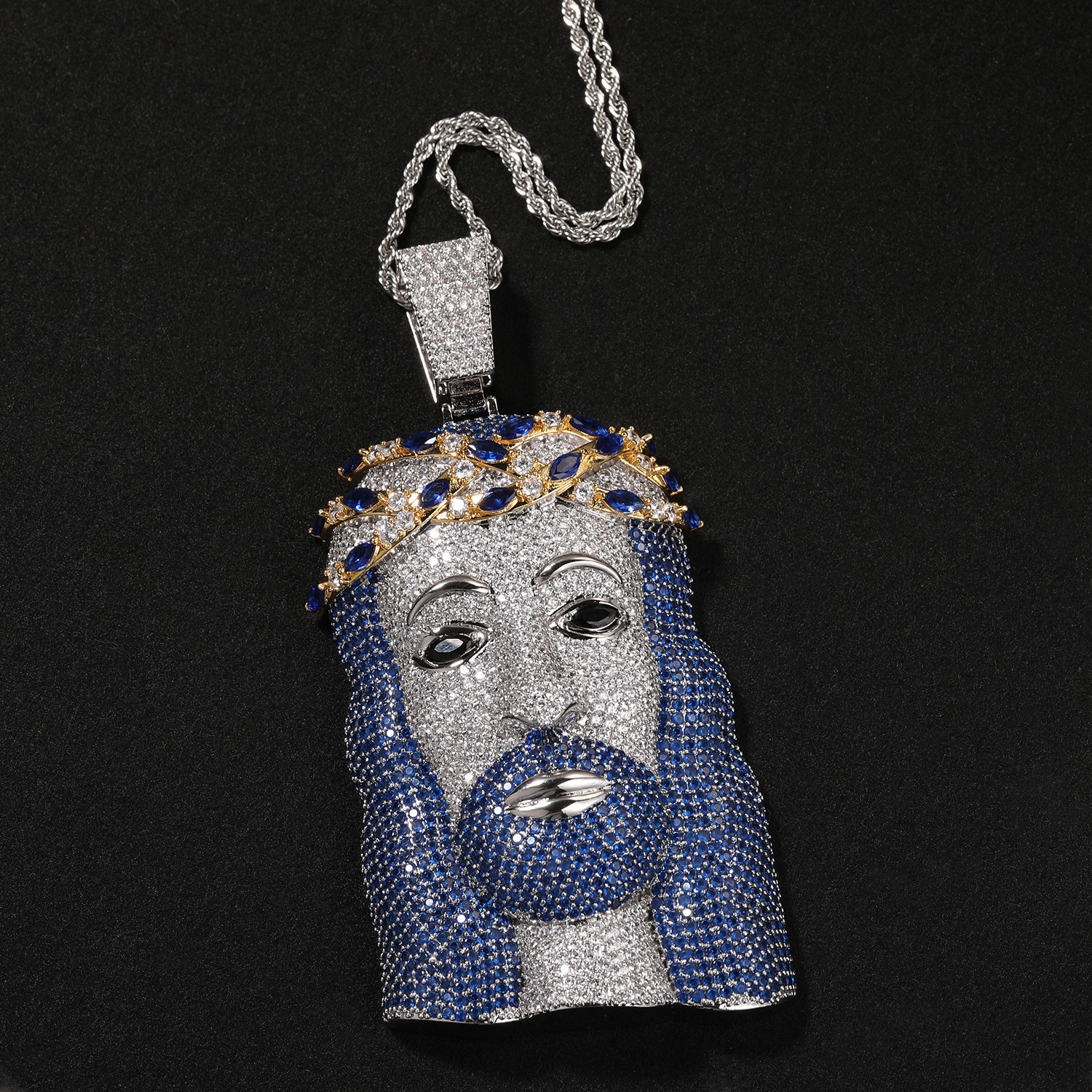 Hip Hop Jesus Face Pendant Necklace Blue 5A Zircons White Gold Plated Religion Jewelry