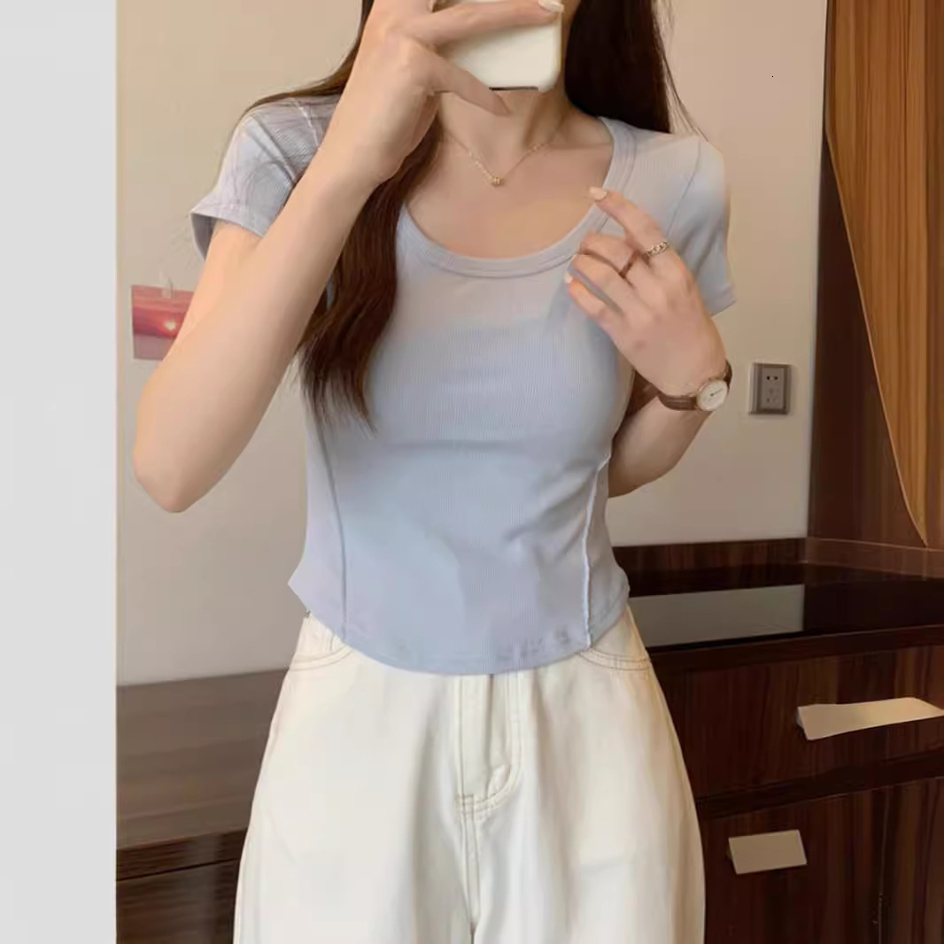 2025S Designer Women S T Shirt Irregular U Neck Short Sleeved T Shirt For Women In Summer Korean Version Slim Fit High Waisted Short Student Solid Col