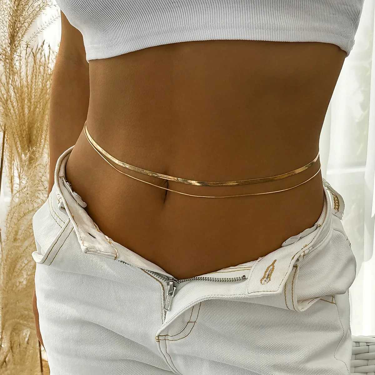 Minimalist double-layer metal flat snake chain belly waist chain warm fashion sexy bikini beach summer body jewelry accessories X250410