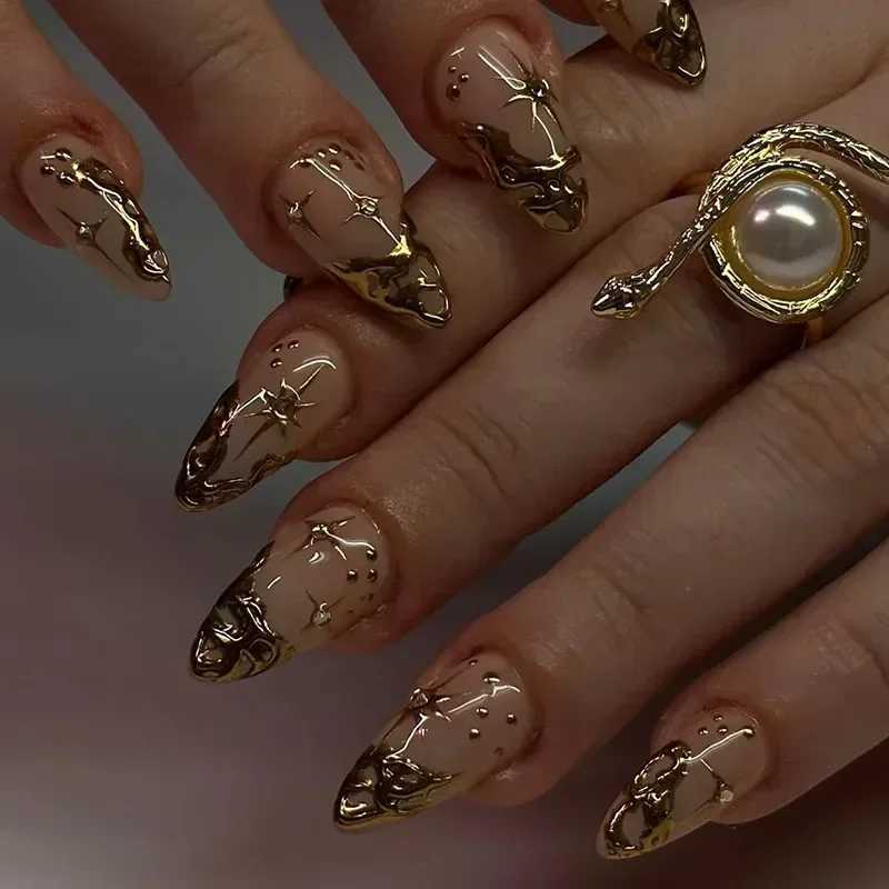 24 pieces of French gold border wearable almond press fake nails simple pearl decoration fake nails with glue complete set of manipulation tips W25041
