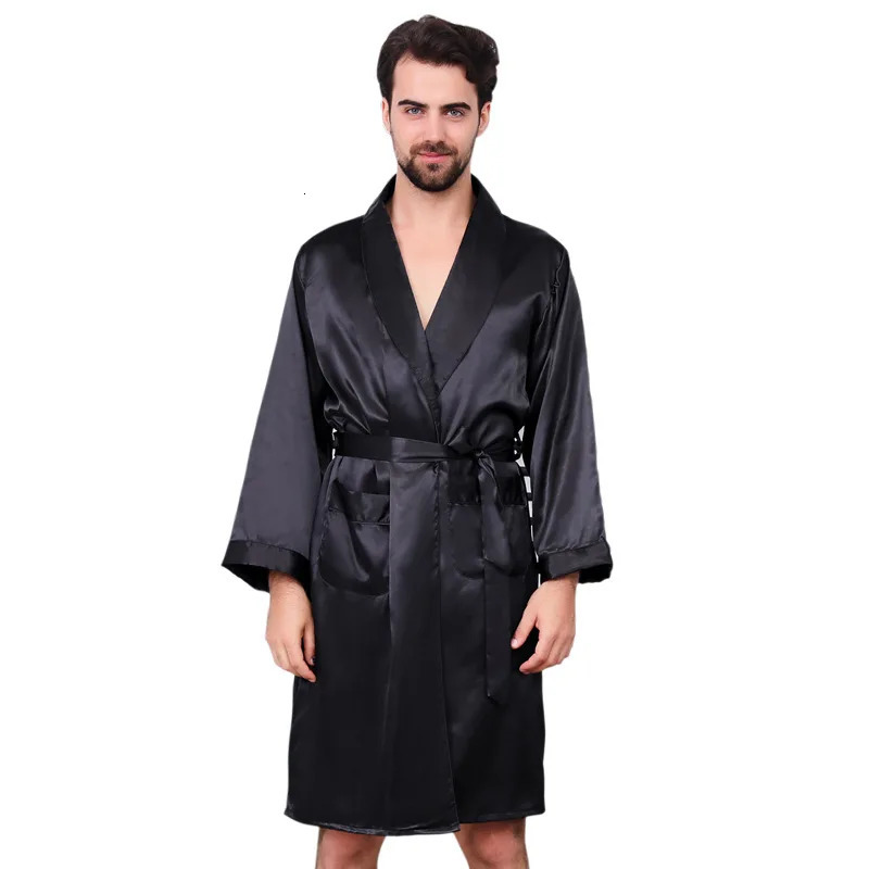 Large Size Men Robe Kimono Bathrobe Gown with Pocket Black Silk Satin Sleepwear Nightwear Spring Summer Homewear 5XL 6XL 7XL 250409