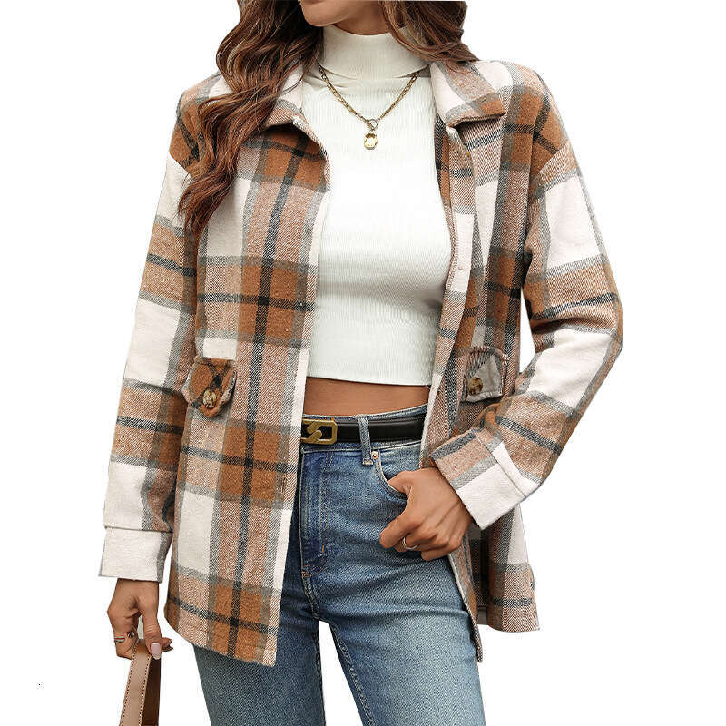Cross-Border Foreign Trade European and American Women's Clothing Jacket 2025 Autumn Winter Red Plaid Thickened Cardigan Amazon Outerwear Top