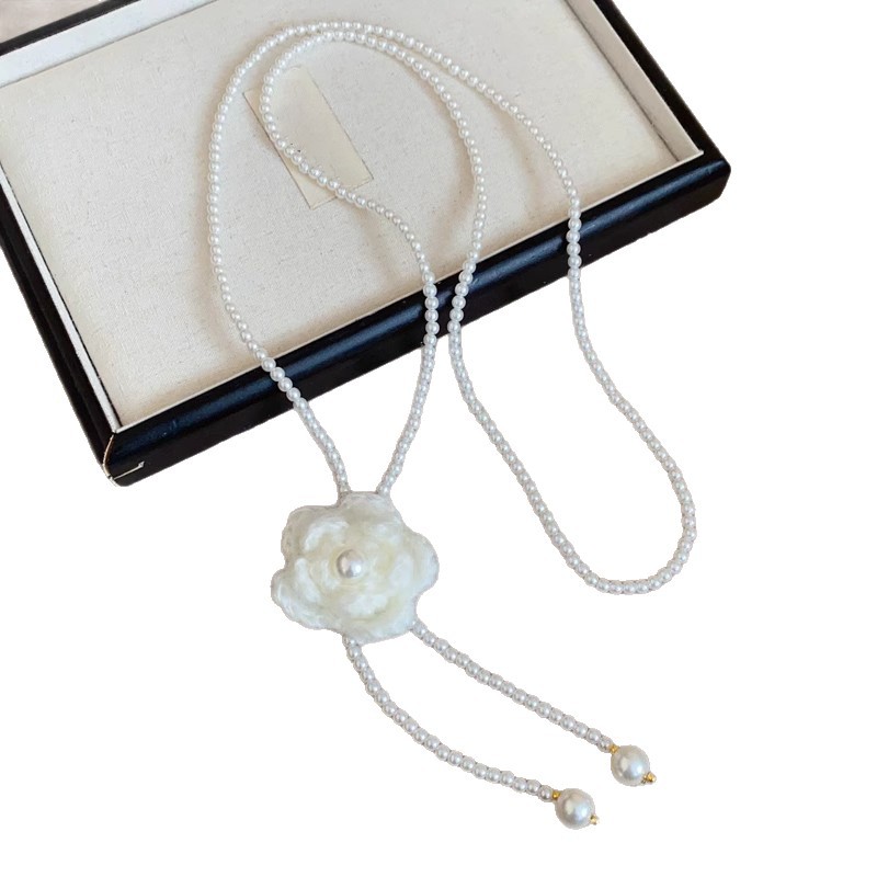 Knitted Flower Pearl Beaded Layered Crystal Necklace Super Fairy Sweet Temperament Collarbone Niche Design Sweater Chain