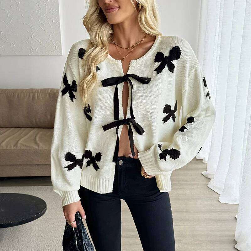 Benuynffy Bow Pattern Tie Front Short Women's Autumn Winter 2025 Fashion Y2k Long Sleeve Knitted Sweater Cardigan Designer Sweater Women