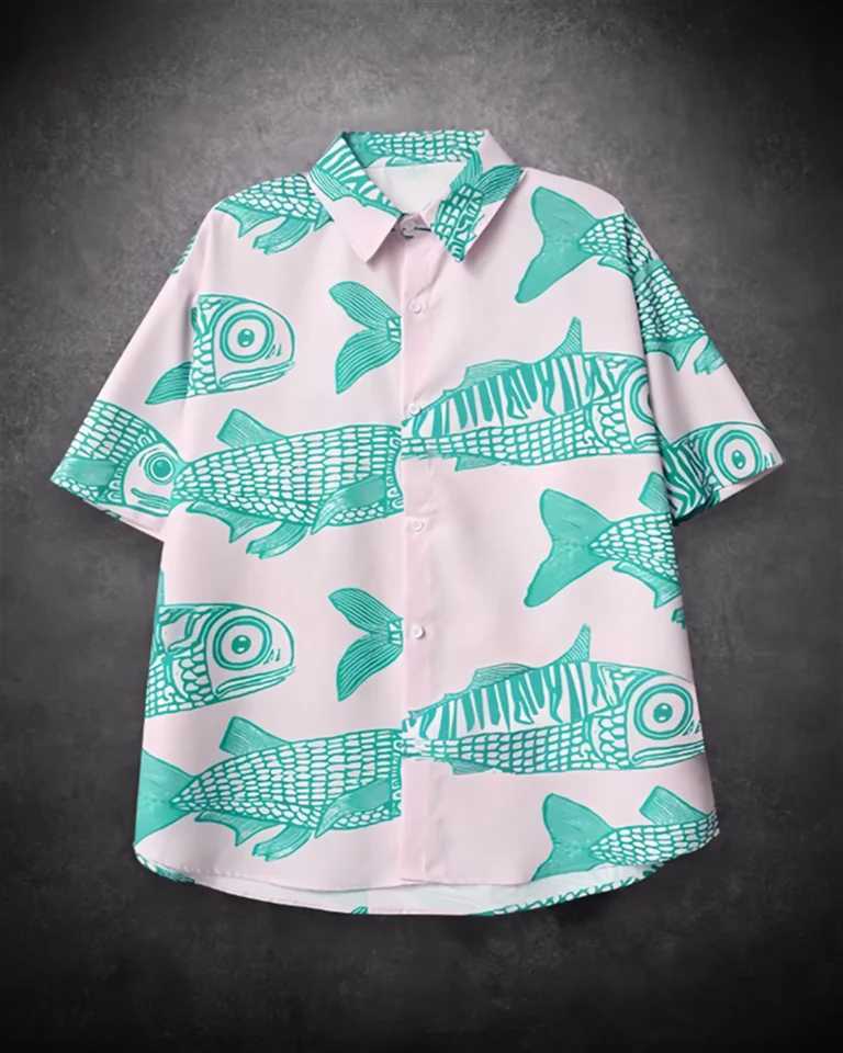2025 New Street Explosion Fashion Fish 3D Printing New Personalized Mens Summer Casual Shirt Linen X250410