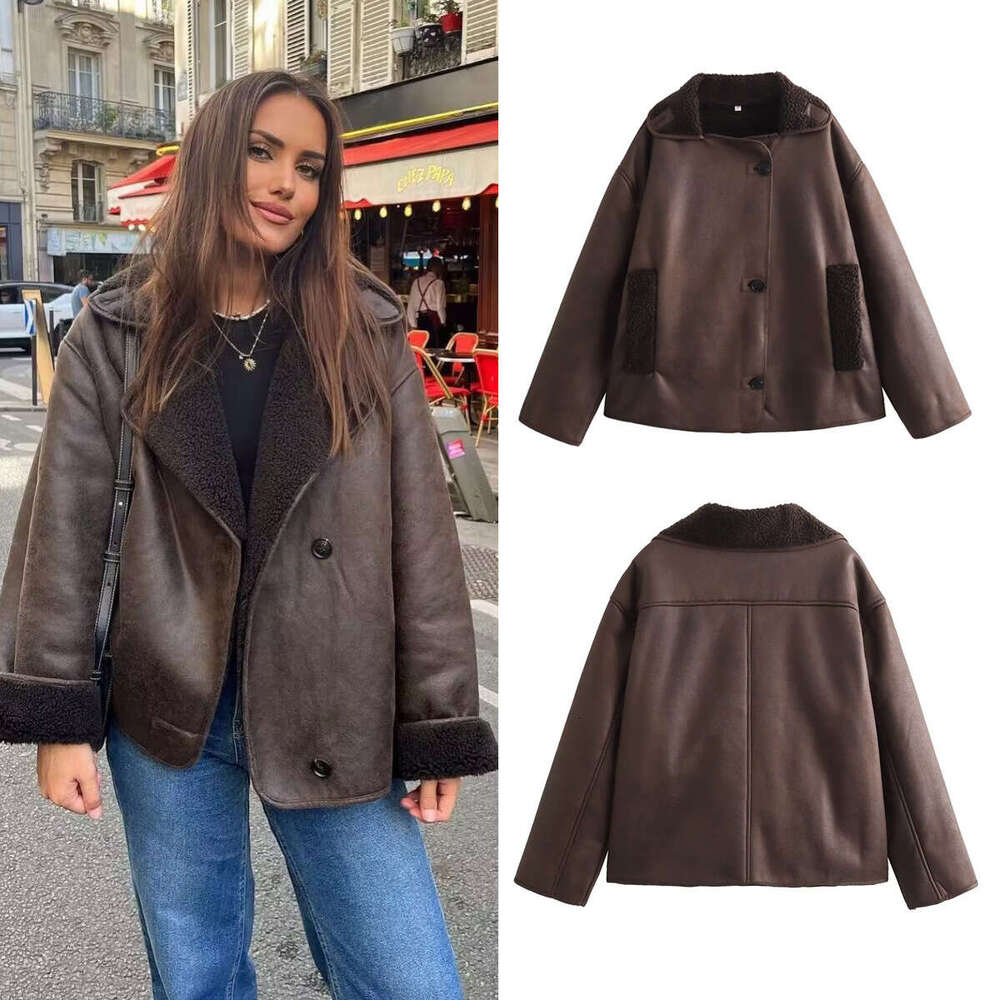 Foreign Trade Women's Clothing Wholesale Spring Autumn New Casual Leather and Fur Integrated Turn-down Collar Reversible Jacket Coat