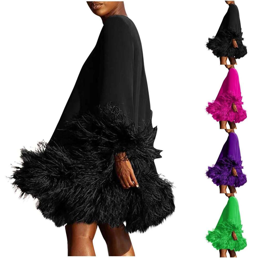 Feather Fur Patchwork Mini Elegant Party Long Sleeve Dress Autumn Winter Women Sexy Personality Y2k Vestidos 2023 Solid