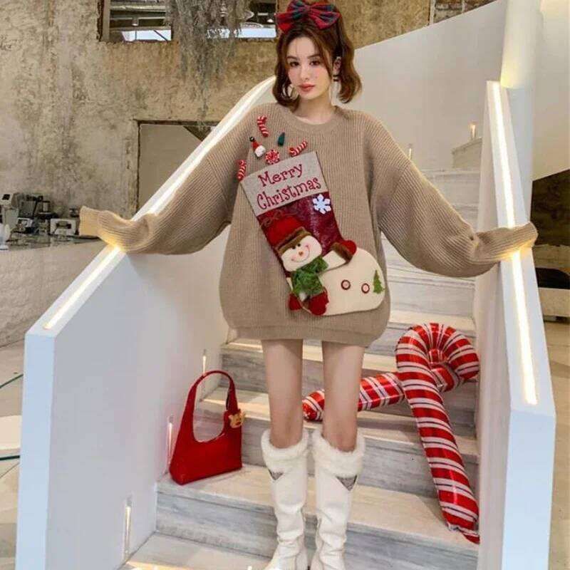 Women's Christmas Red Sweater Cartoon Knitted Festive Pullovers Warm Winter Soft Korean Fashion Slouchy Girls New Designer Sweater Women