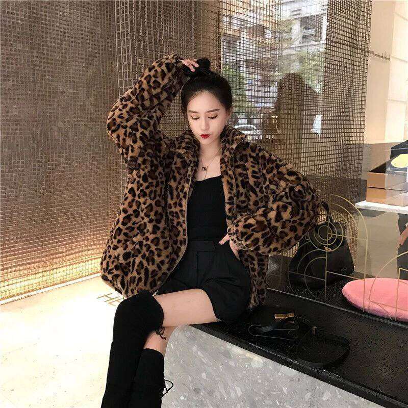 Leopard Winter Coats Women Streetwear Vintage Thicken Imitation Mink Veet Outwear Loose Casual Zipper Hotsweet Haruku Tops