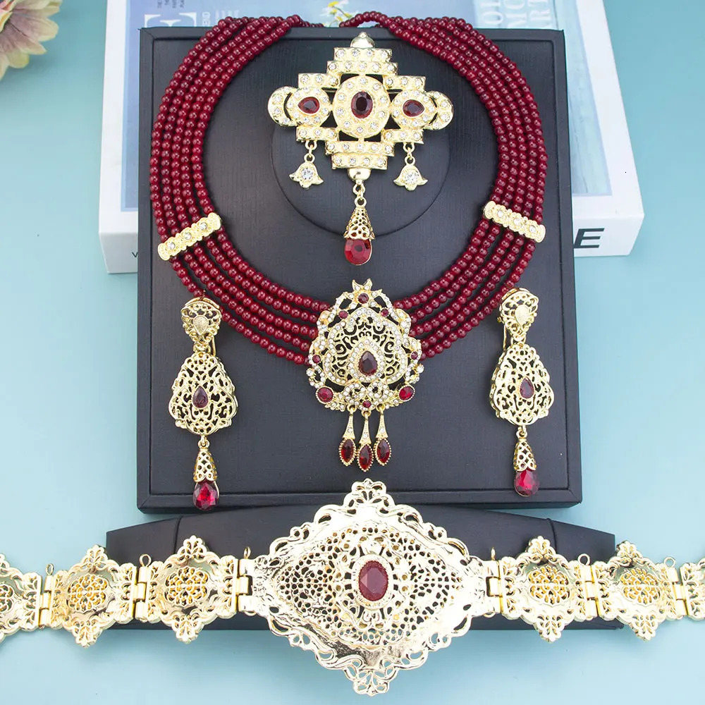 Sunspicems Gold Color Morocco Caftan Belt Waist Chain Women Beads Chain Choker Necklace Long Earring Arab Bridal Wedding Jewelry 250409