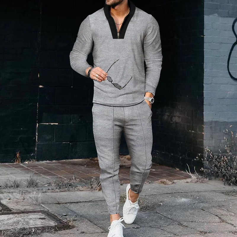 Mens waffle long sleeved patchwork stand up collar set fashionable casual sports set for men