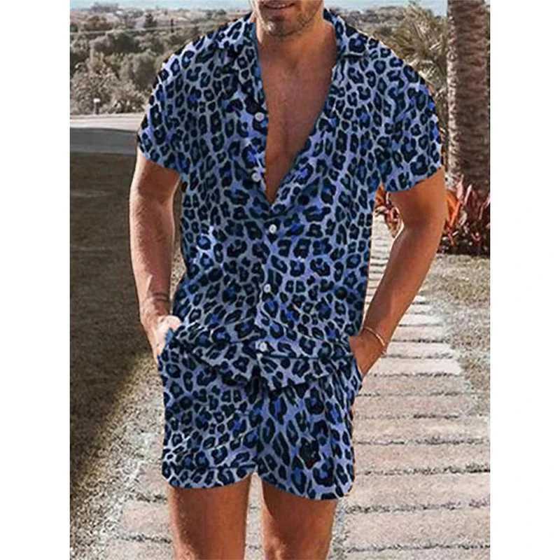 Leopard printed mens short sleeved mens T-shirt top summer casual full set Hawaiian beach shirt mens plus size T-shirt X250410