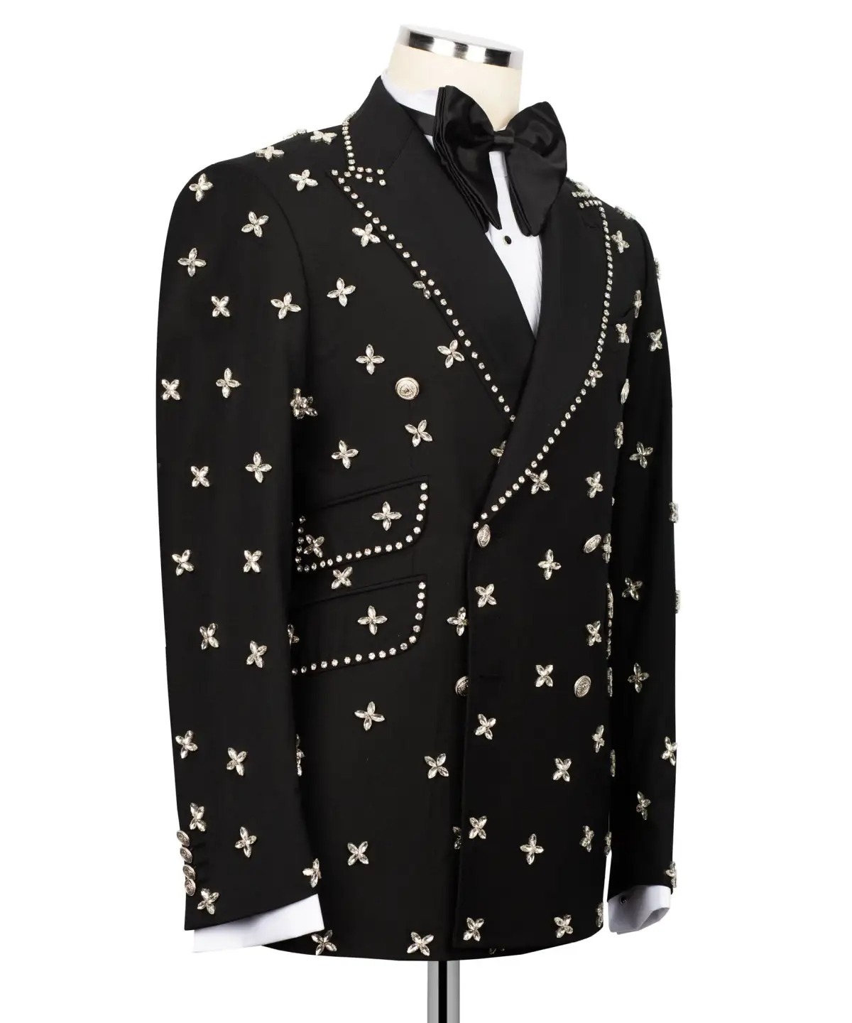 Handsome Men's Jacket Crystal Blazer Two Pieces Set Peaked Lapel Double Breasted Rhinestone Groom Coat Customized Jacket+Pants Plus Size