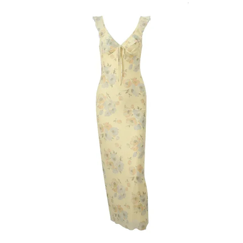 Retro V Neck Dresses Yellow Sleeveless Flower Print Maxi Long Dress Elegant High Waist Female Holiday Party Vestidos 250409