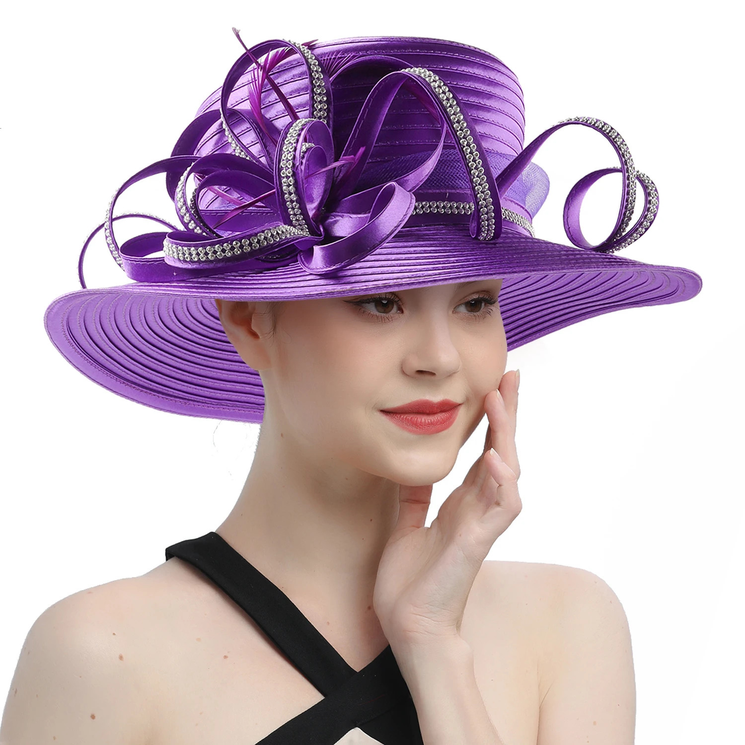 Multi colored satin fabric rhinestone church hat elegant pography top fashionable womens banquet charming wedding formal 250410