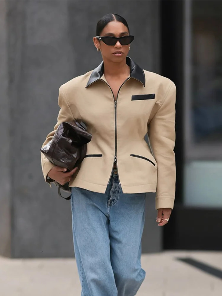 Elegant Patchwork Top For Women Turndown Collar Long Sleeve Double Slider Zipper Jacket Summer Female Commute Outerwear 251103