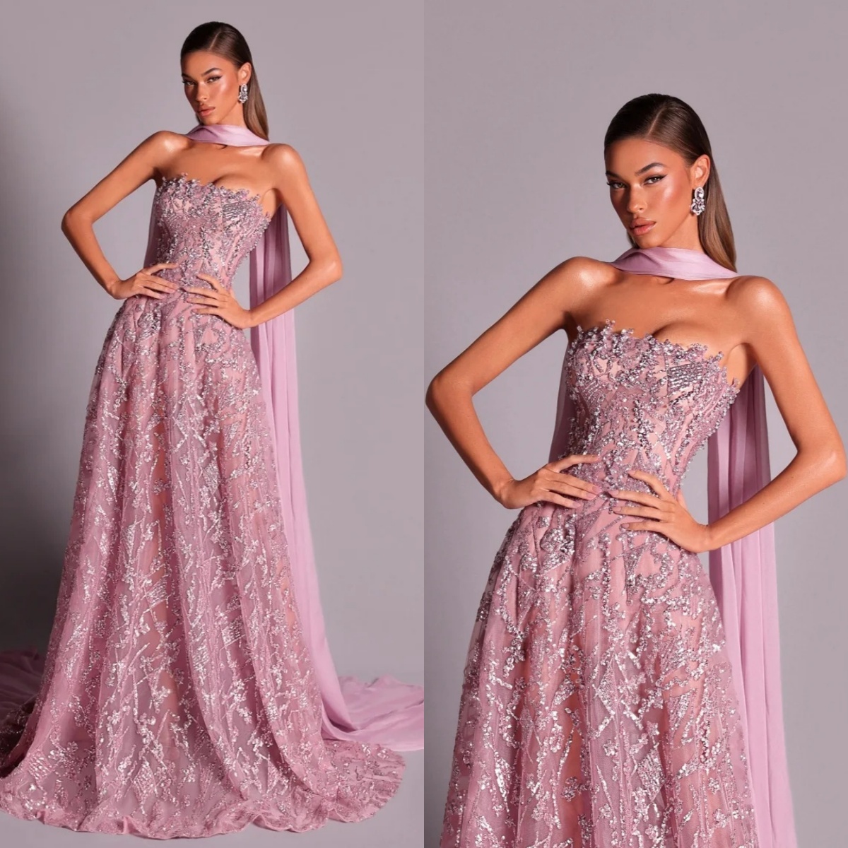 Graceful Evening Dresses Sequins Strapless Prom Gown Rhinestone A Line Sleeveless Princess Sweep Train Customized Vestidos De Noche Plus Size