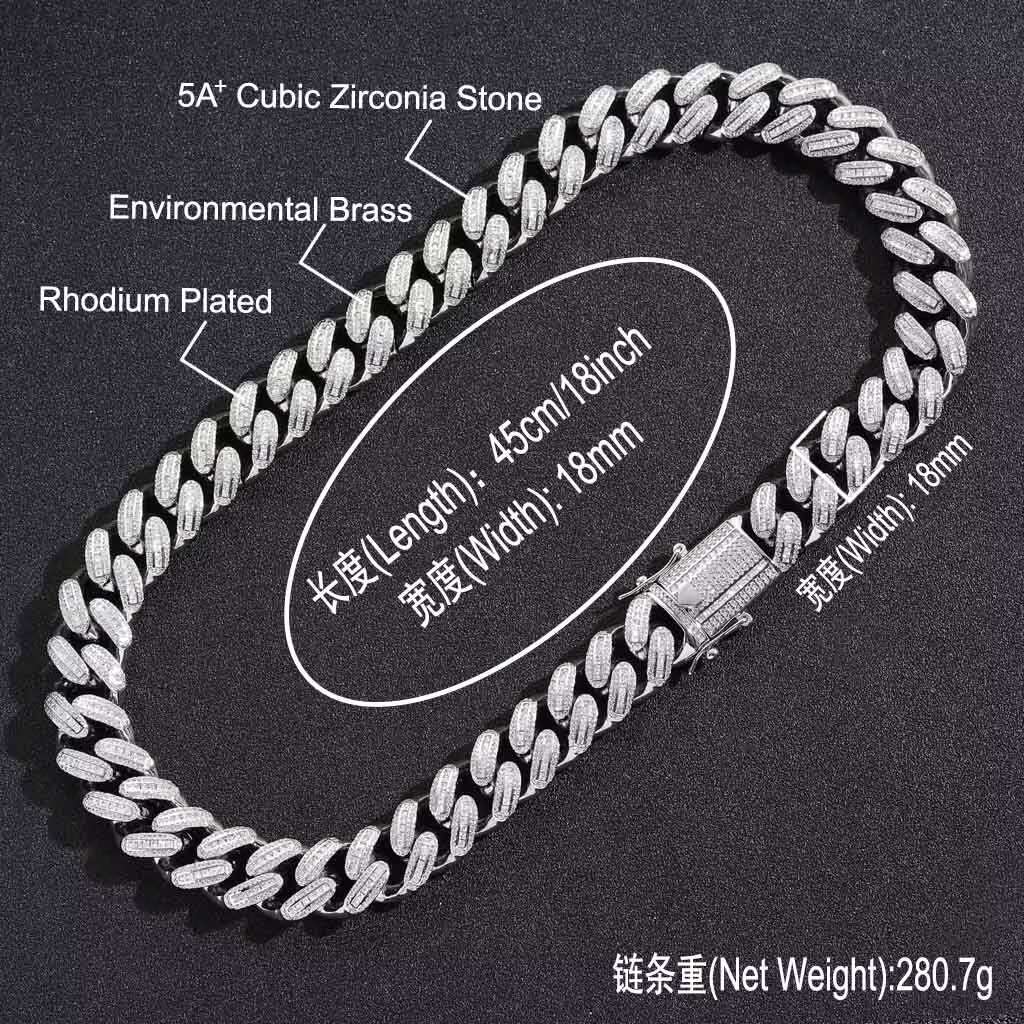 BES 18mm High Quality Hot Selg Copper Prong Cuban Chain Sier Brass CZ Hip Hop Jewelry Chains for Men Custom Length