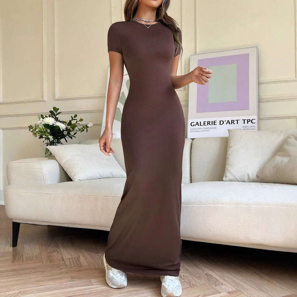 New Cross-Border Temu Amazon European and American Women's Fashion 2025 Spring Summer Export Solid Color Elegant Slim Short Sleeve Dress