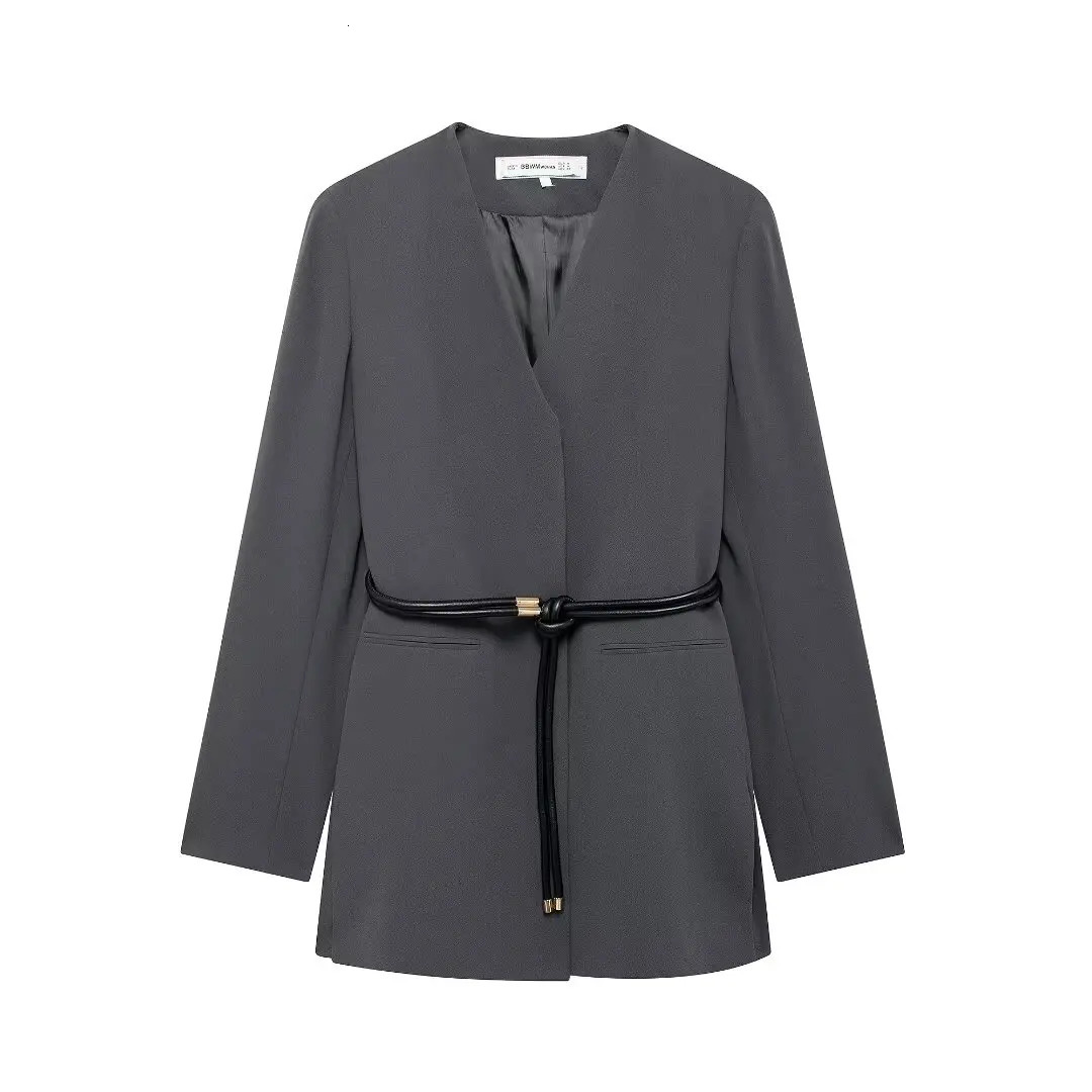 Black gray white long coat autumn office womens jacket sleeved clothing 250407