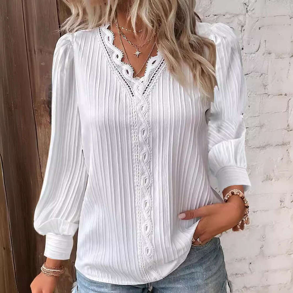 2025 Independent Station Wish Amazon Hot Item Autumn Long Sleeve V-Neck Lace Patchwork Shirt Blouse Women's Clothing