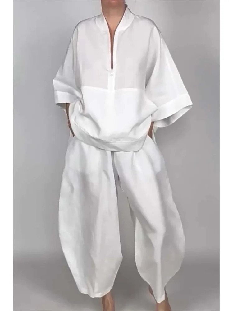 Casual Half-zip Top Bud Pants 2-piece Set For Women Fashionable Spring Autumn Pocket Solid Color Loose Vintage Suit Female 250408
