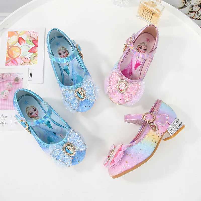 Womens tight shoes childrens high heels princess Elsa girl sparkling rainbow crystal leather pink blue shoes size 23-36 Z250410