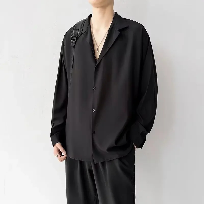 Korean Fashion Mens Shirt Spring Summer Loose Casual Long-sleeved Lapel High Street Male Suit Shirt White Black Gray Green 250409