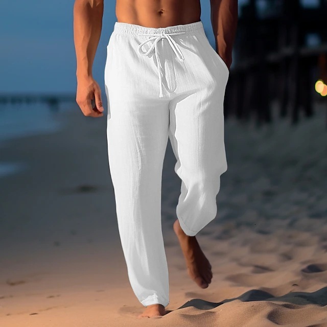 Mens linen pants summer pants beach pants drawstring elastic waist straight tube flat comfortable breathable casual daily wear
