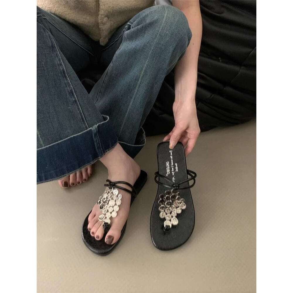Woman Sandals Summer New Sequined Women Metal Low Heel Flat Roman Sandals Square Toe Flip Flops For Women