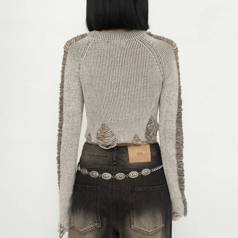 American Vintage Distressed Cropped Pullover Women Long Sleeve Street Knit Top Subculture O Neck Ripped Harajuku Y2K Sweater 251105