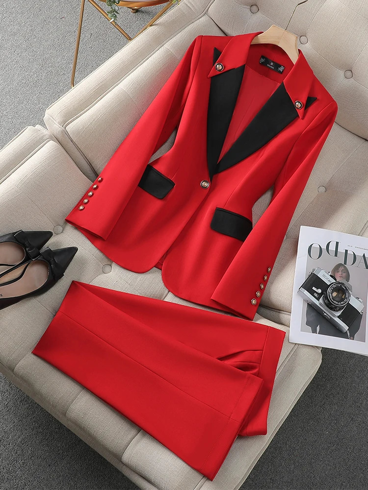 Fashion Red Black Beige Women Pant Suit 2 Piece Set Office Ladies Female Business Work Wear Formal Blazer Jacket And Trouser 251110