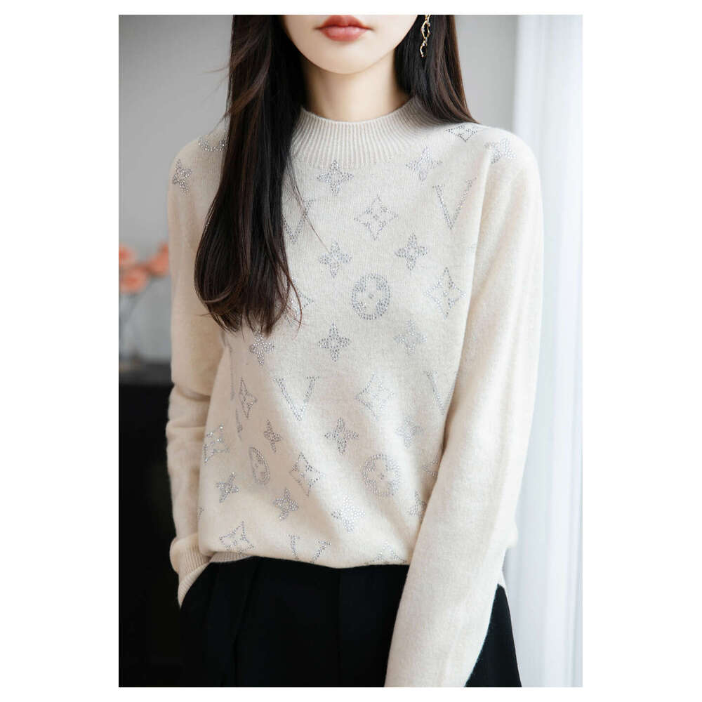 Elegant Knitted Woolen Sweater Half High Collar Slimming Women's Fine Spun Wool Diamond-Encrusted Base Shirt Comfortable Casual