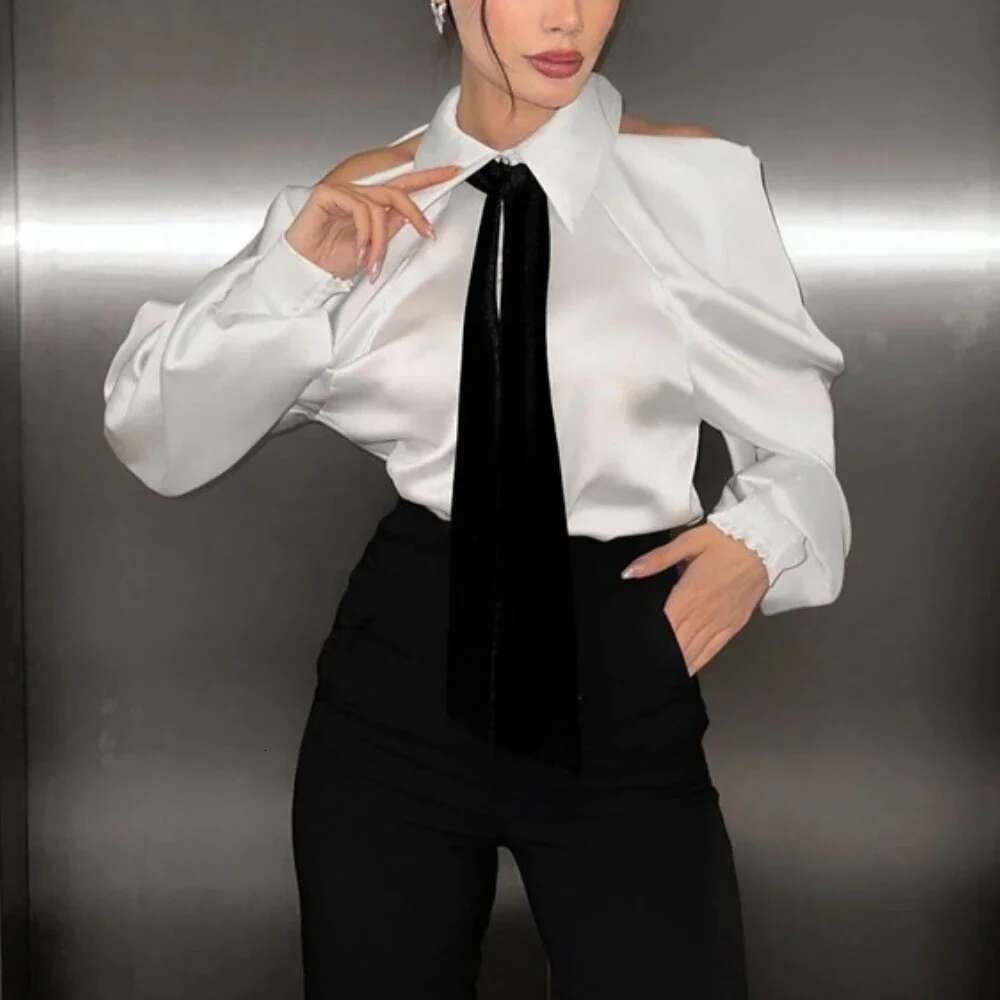 TWOTWINSTYLE Solid Loose Spliced Hollow Out Blouse For Women Lapel Long Sleeve Patchwork Single Breasted Top Female Clothing New